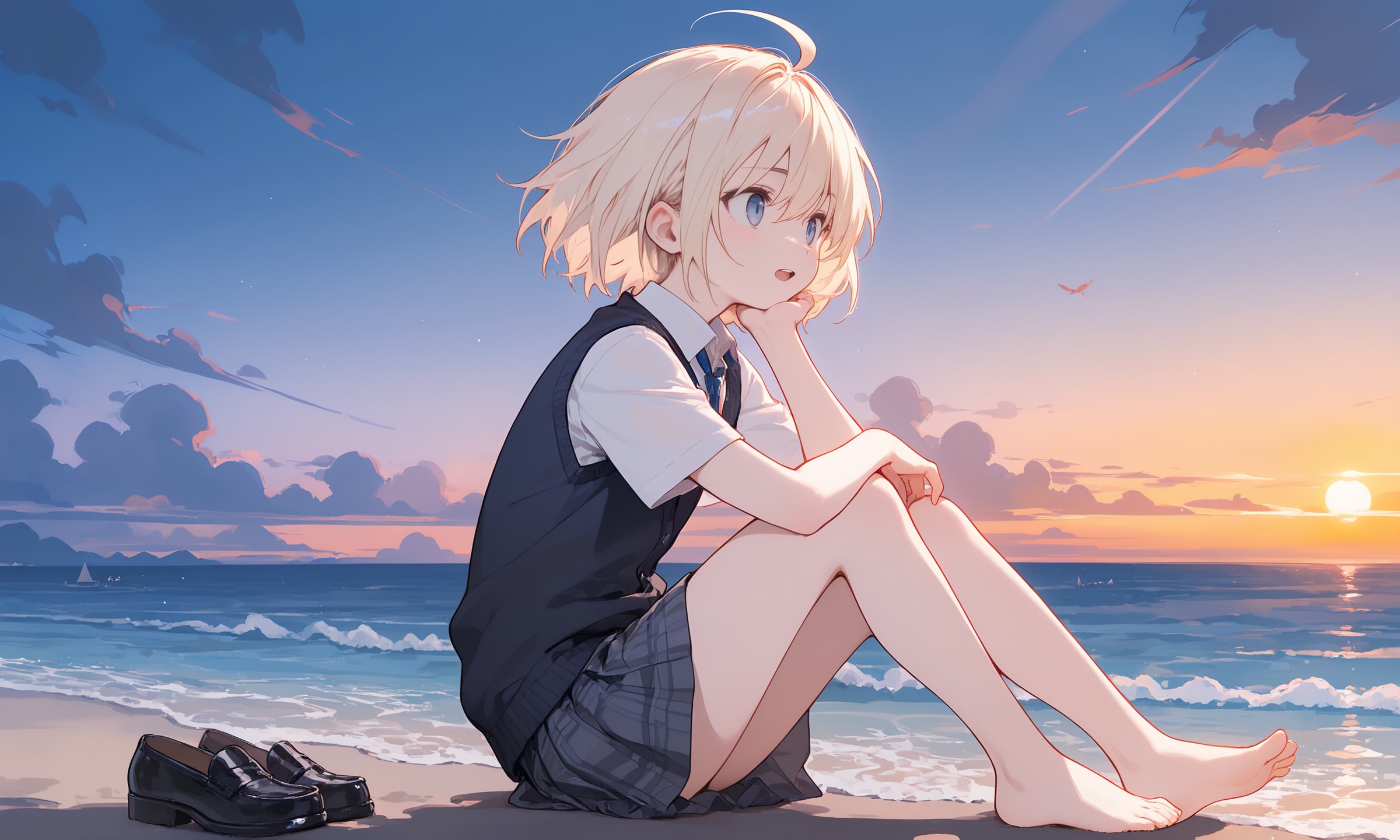 夕暮れの砂浜で