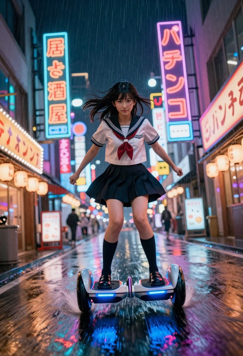 サイバーパンクJK、雨の中を飛ぶように | の人気AIイラスト・グラビア