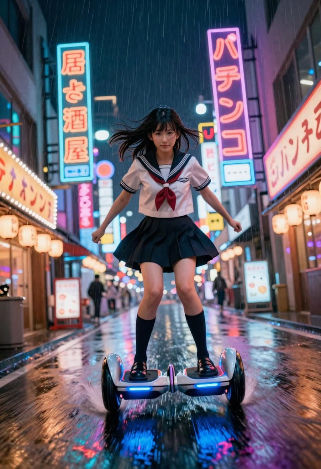 サイバーパンクJK、雨の中を飛ぶように