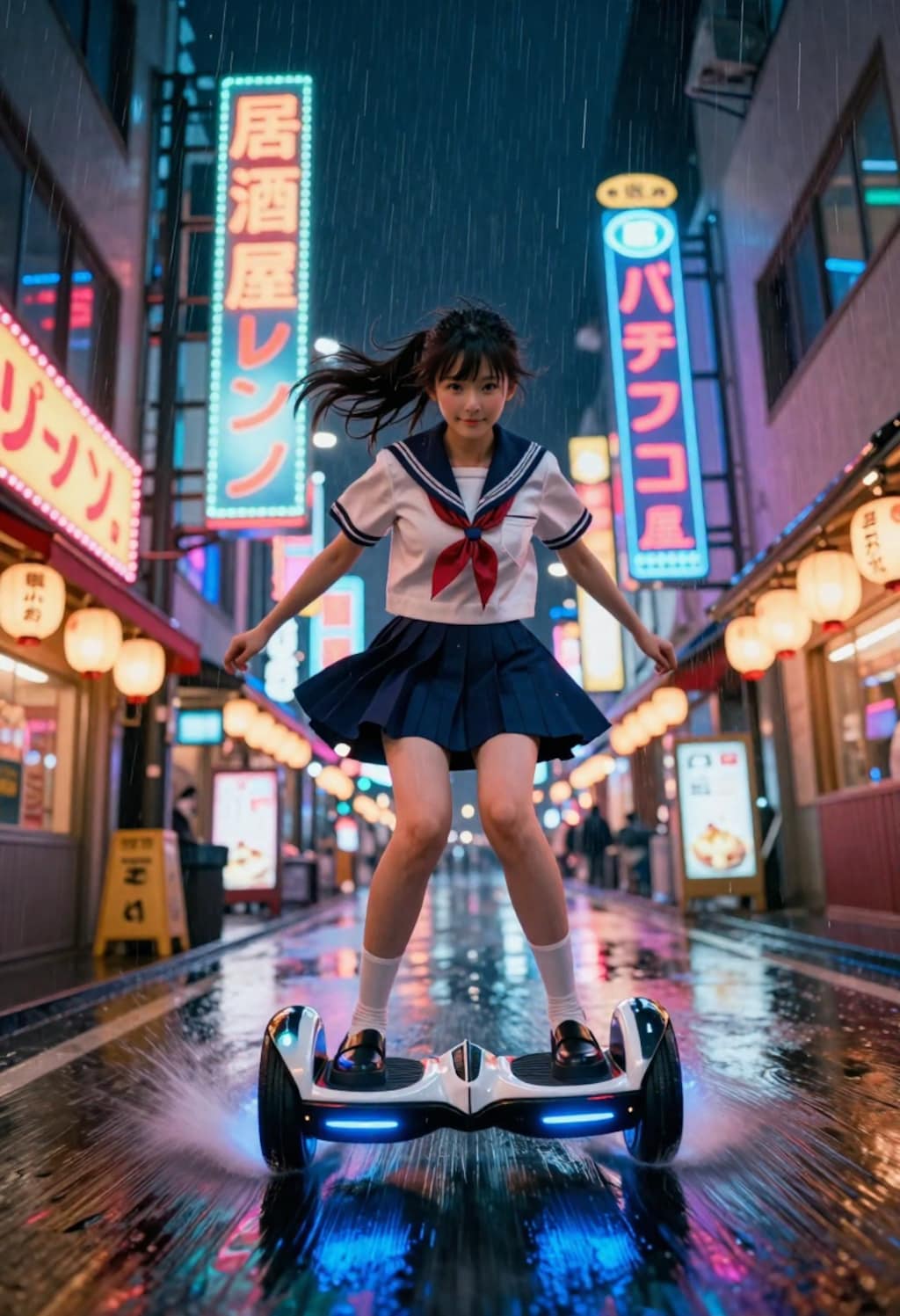 サイバーパンクJK、雨の中を飛ぶように