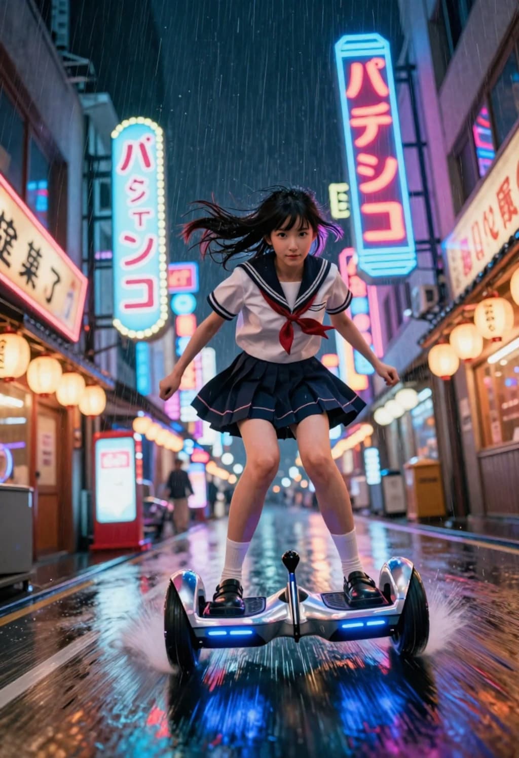 サイバーパンクJK、雨の中を飛ぶように