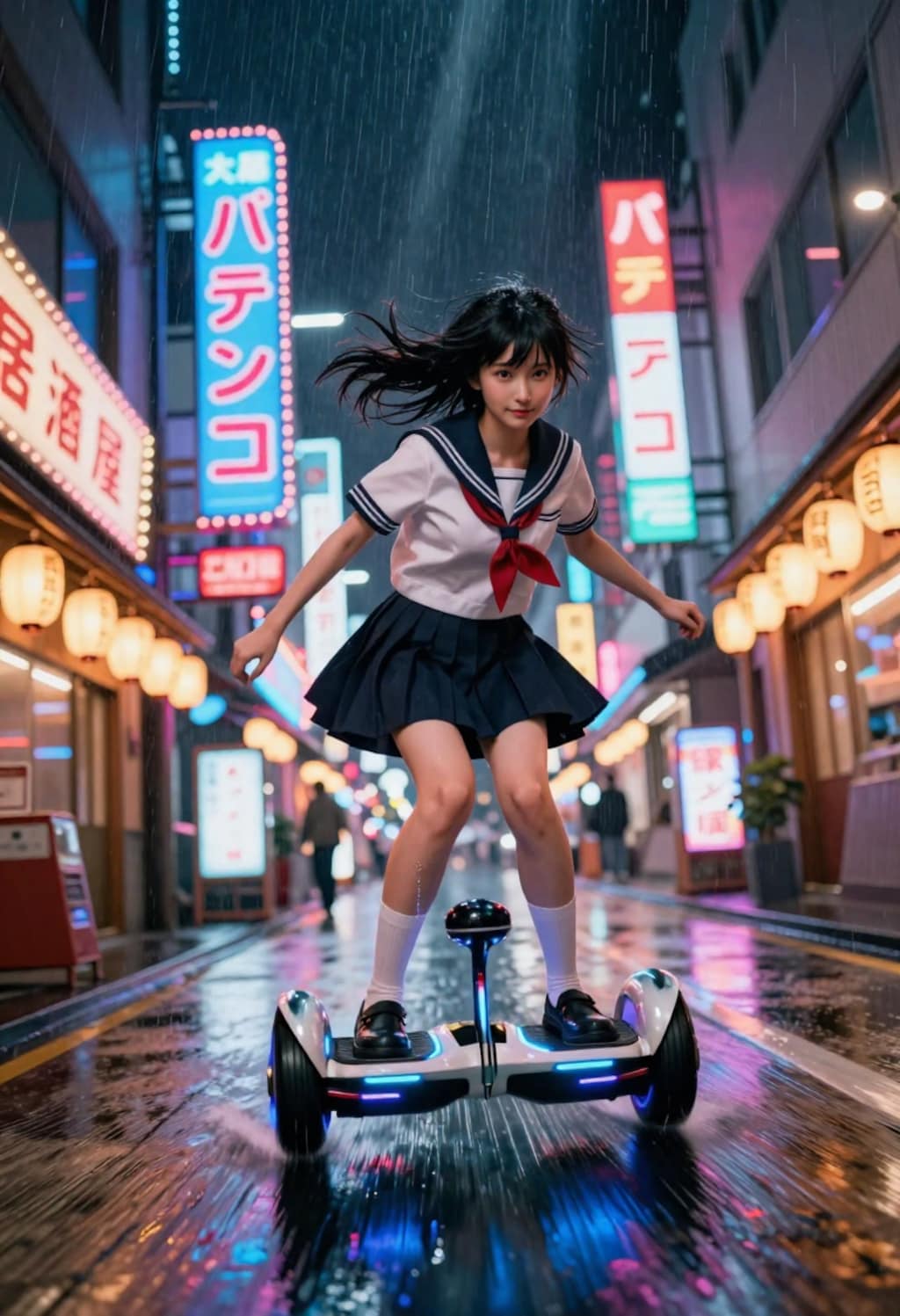 サイバーパンクJK、雨の中を飛ぶように