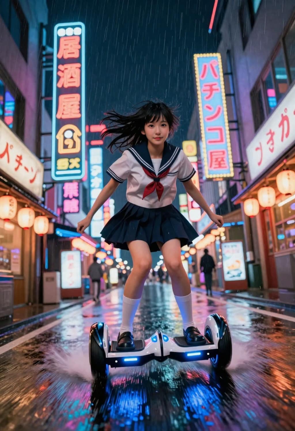 サイバーパンクJK、雨の中を飛ぶように