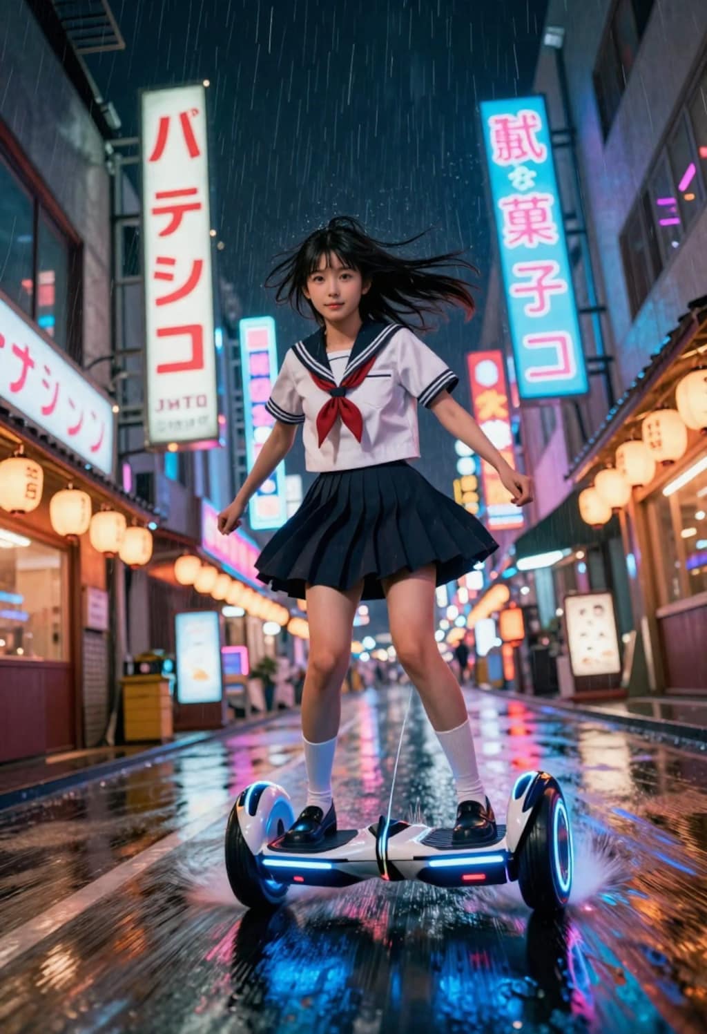 サイバーパンクJK、雨の中を飛ぶように