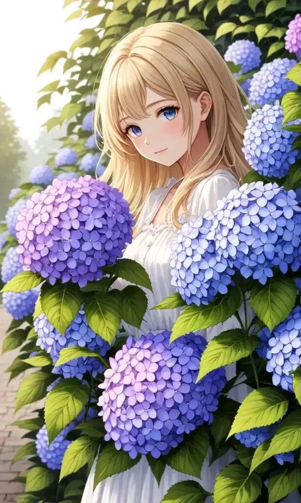 紫陽花に囲まれた人