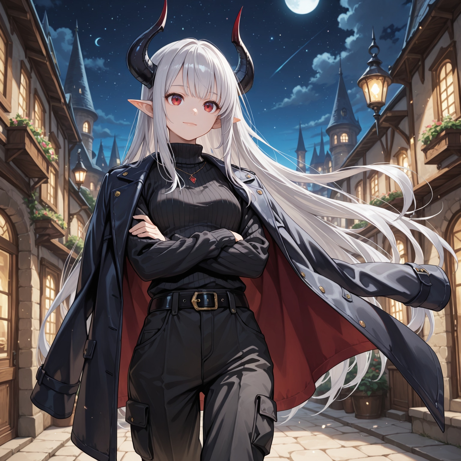 夜の町を散歩する銀髪竜姫さん