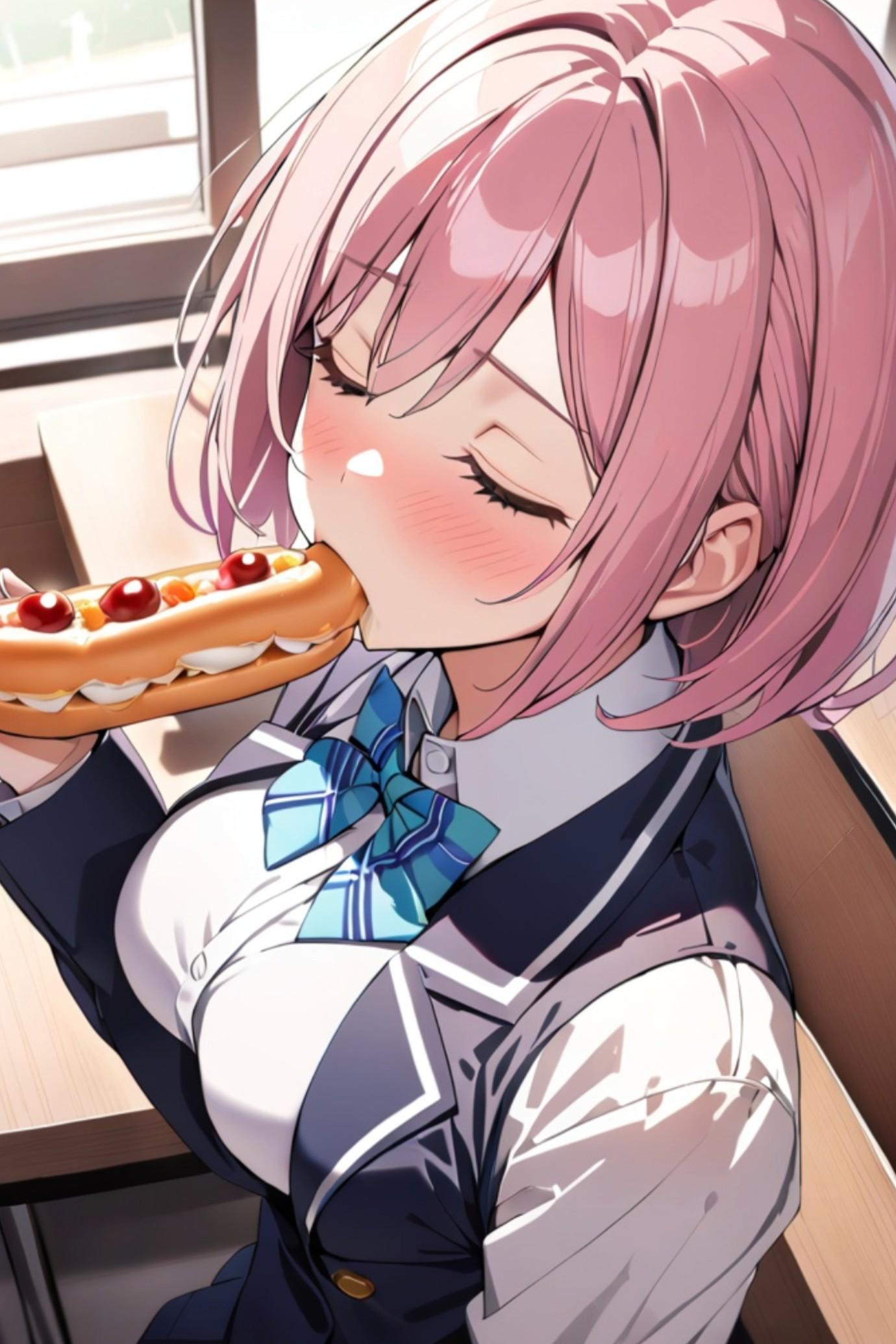 エクレアを食べるピンク髪ちゃん | の人気AIイラスト・グラビア