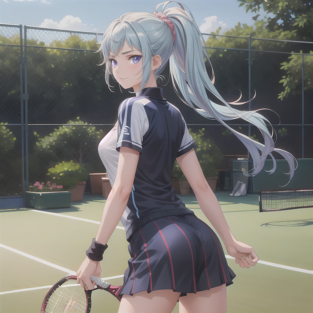 青髪ポニテでテニスウェアの少女