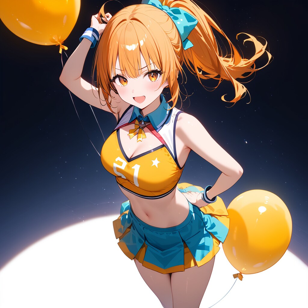 黄色の風船を持つオレンジ髪ポニーテールのチアガールの美女。