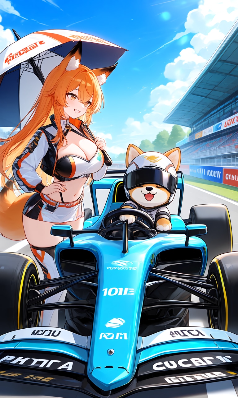 F1レーサー柴犬とレースクイーンのキツネちゃん