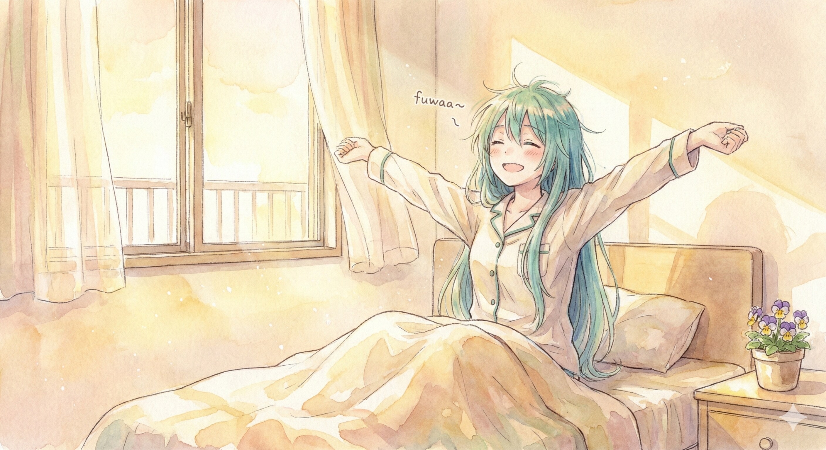 水彩画ミクさん　寝ぐせと、おはようの伸び | の人気AIイラスト・グラビア