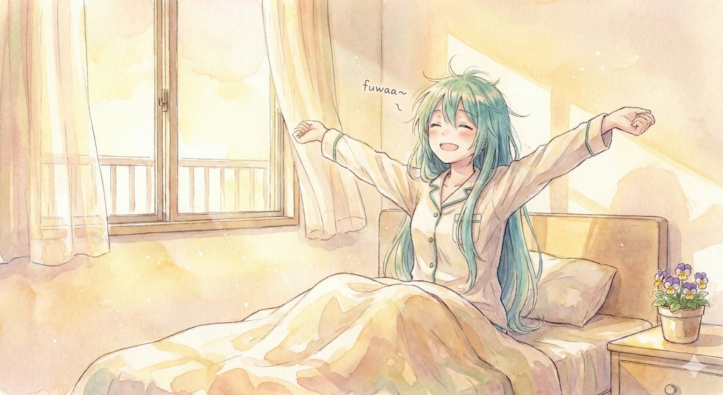 水彩画ミクさん　寝ぐせと、おはようの伸び