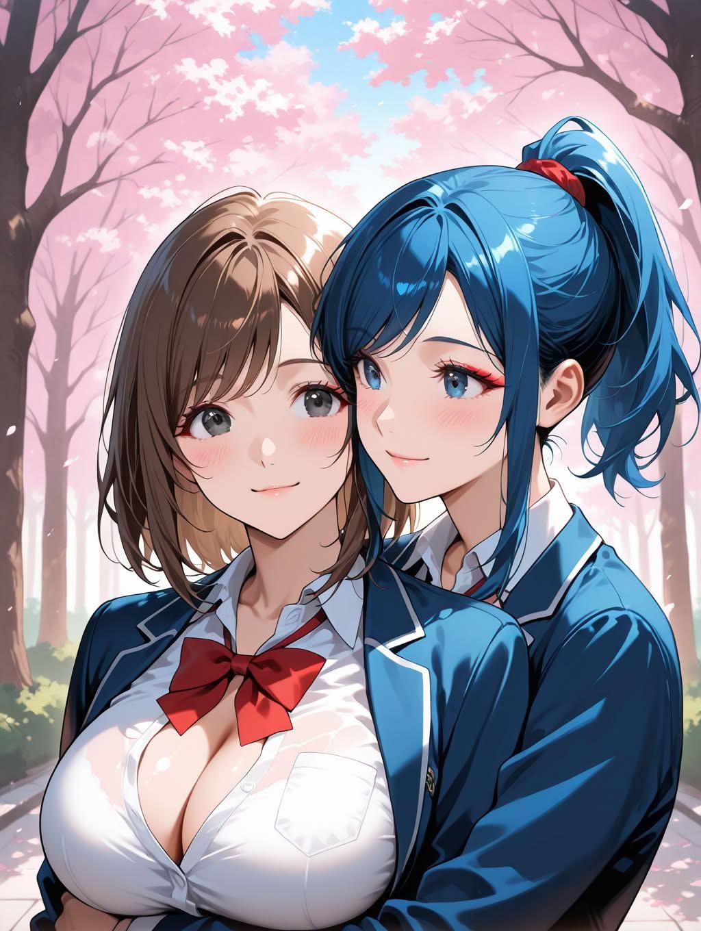 お花見中にじゃれていちゃつく女子高生