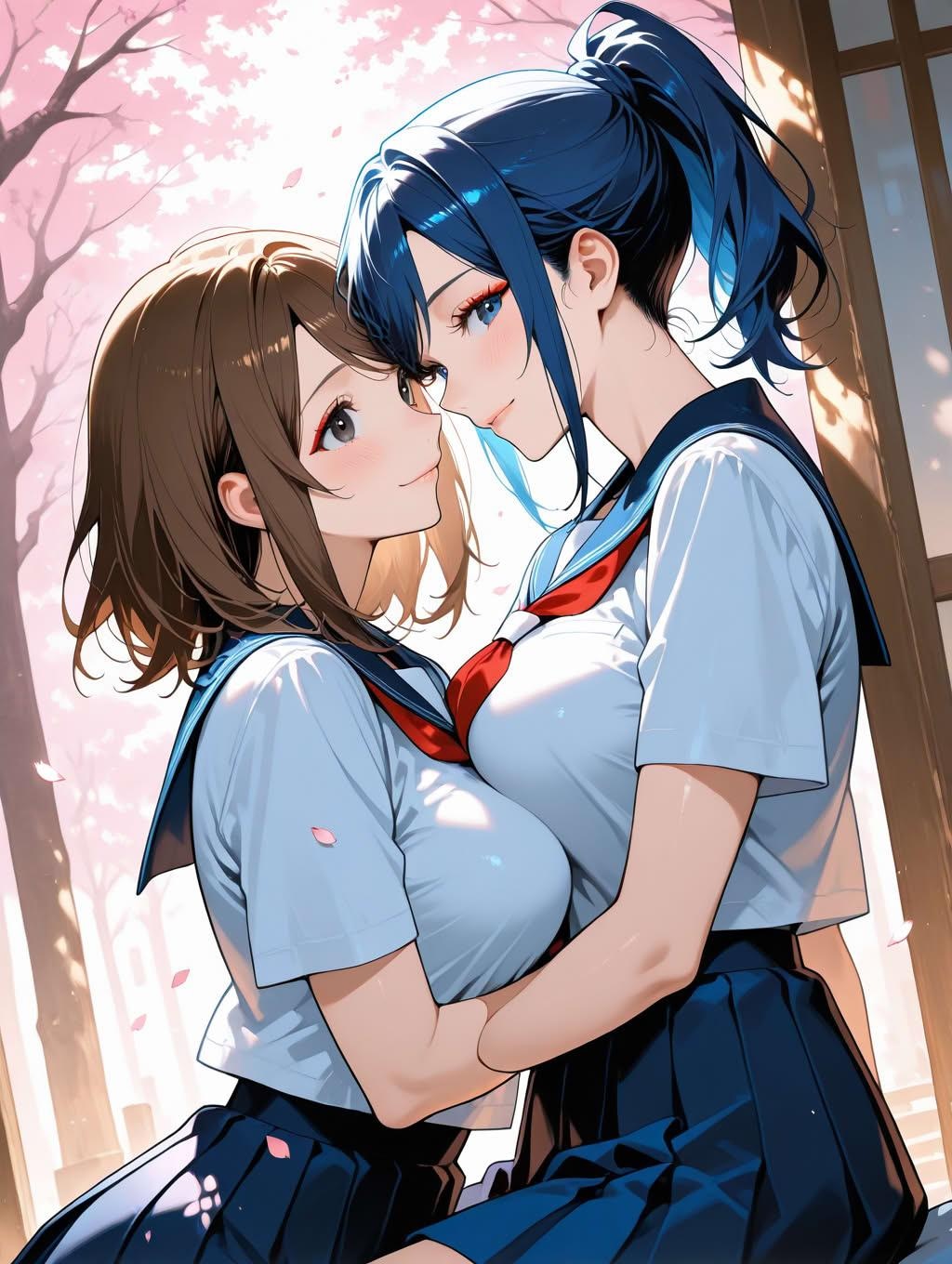 お花見中にじゃれていちゃつく女子高生