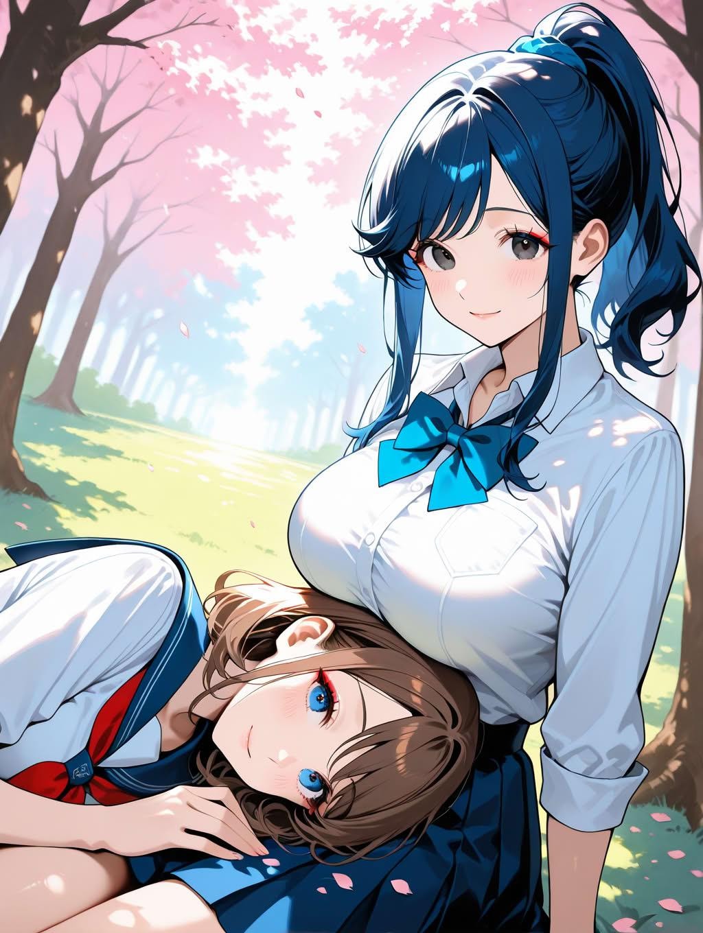 お花見中にじゃれていちゃつく女子高生