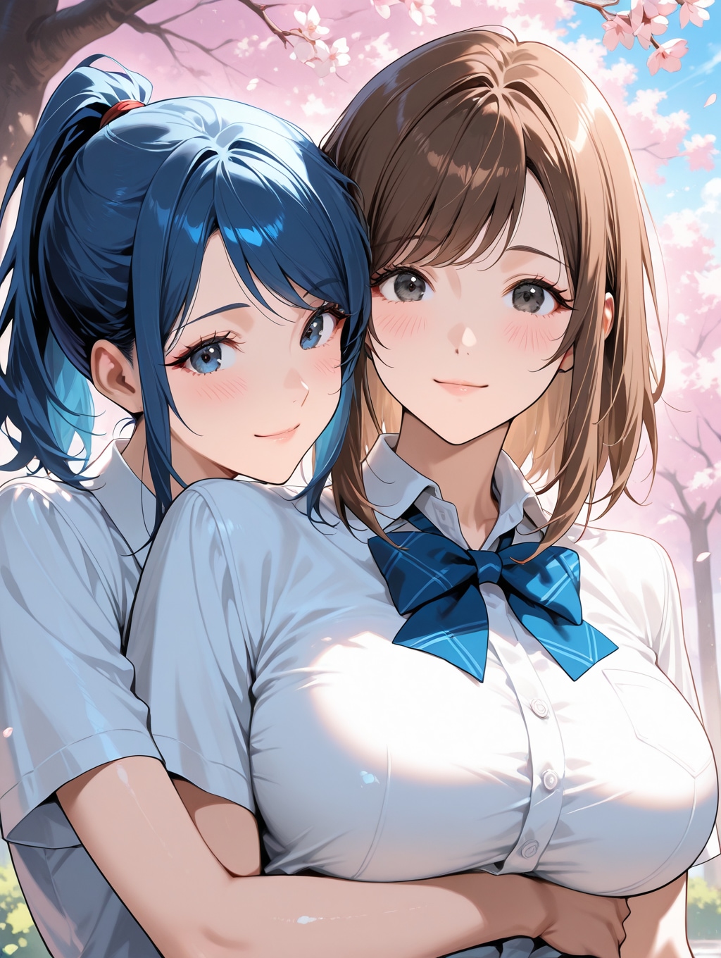 お花見中にじゃれていちゃつく女子高生