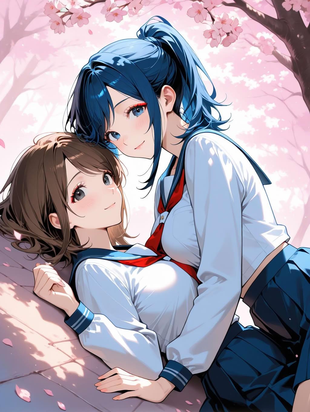 お花見中にじゃれていちゃつく女子高生