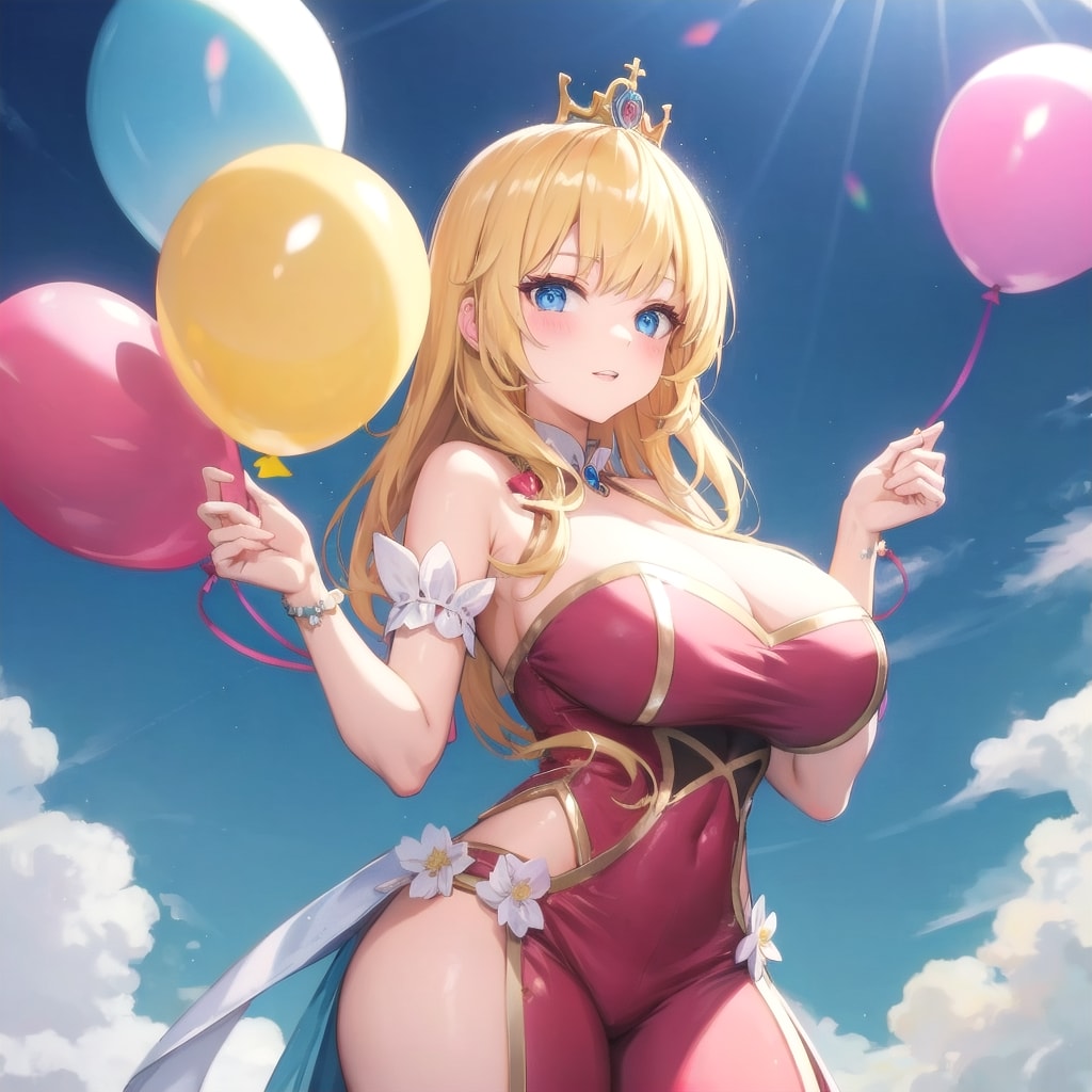 いっぱい色とりどりの風船を持つブロンドのお姫様