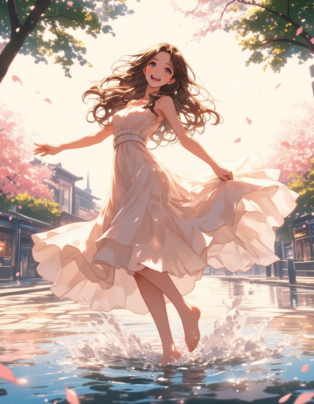 春の街で舞う少女 ー 光と水の戯れ