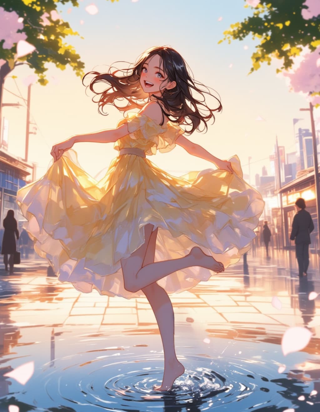 春の街で舞う少女 ー 光と水の戯れ