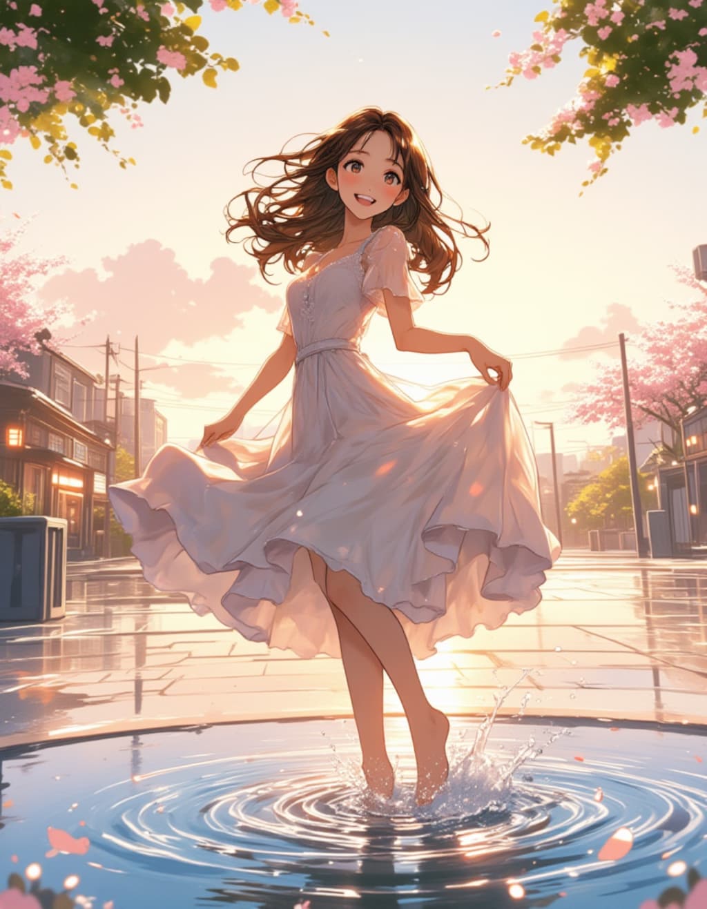 春の街で舞う少女 ー 光と水の戯れ