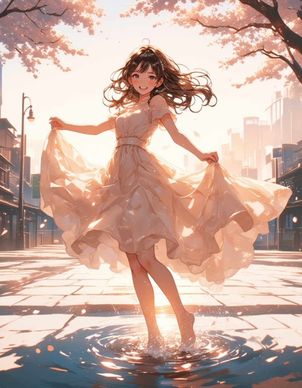 春の街で舞う少女 ー 光と水の戯れ