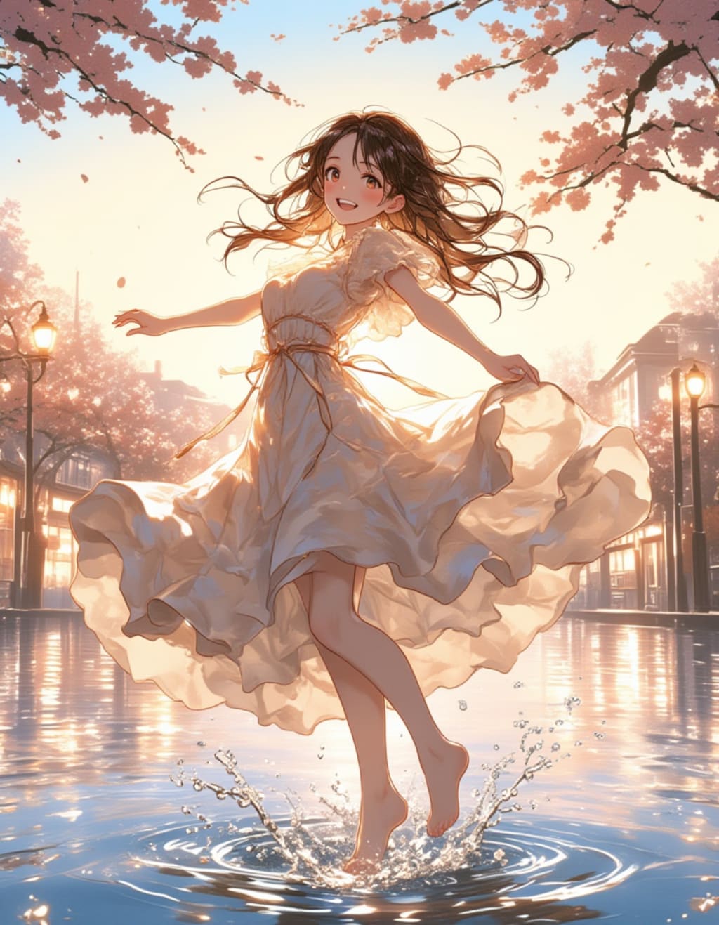 春の街で舞う少女 ー 光と水の戯れ
