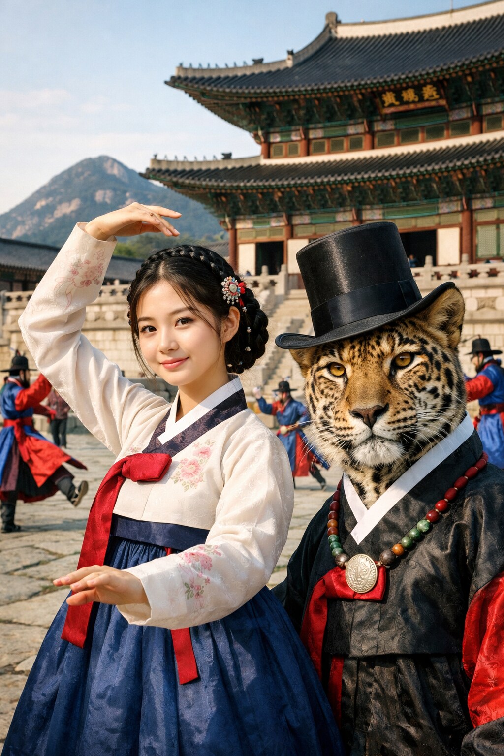 韓服の人と豹