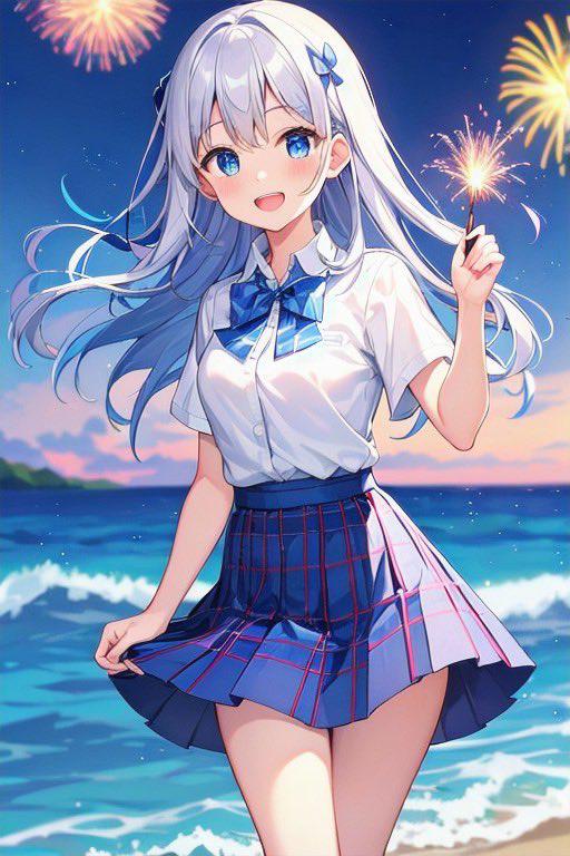 花火をする銀髪美少女