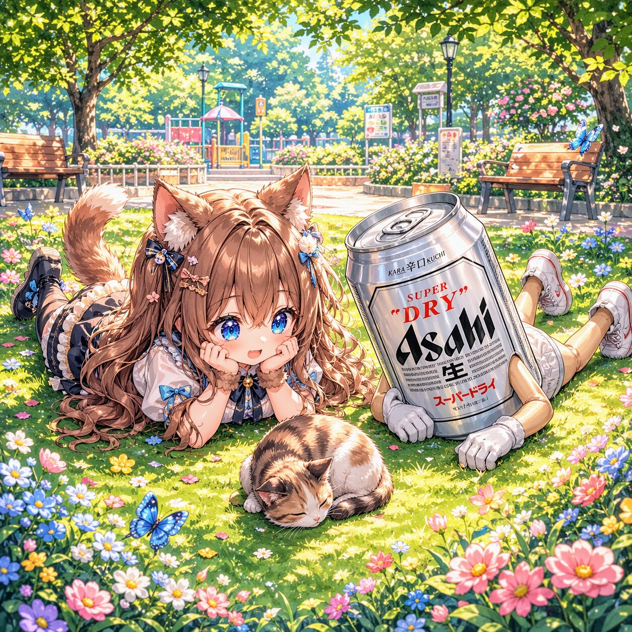 ネコを眺める小さな女の子
