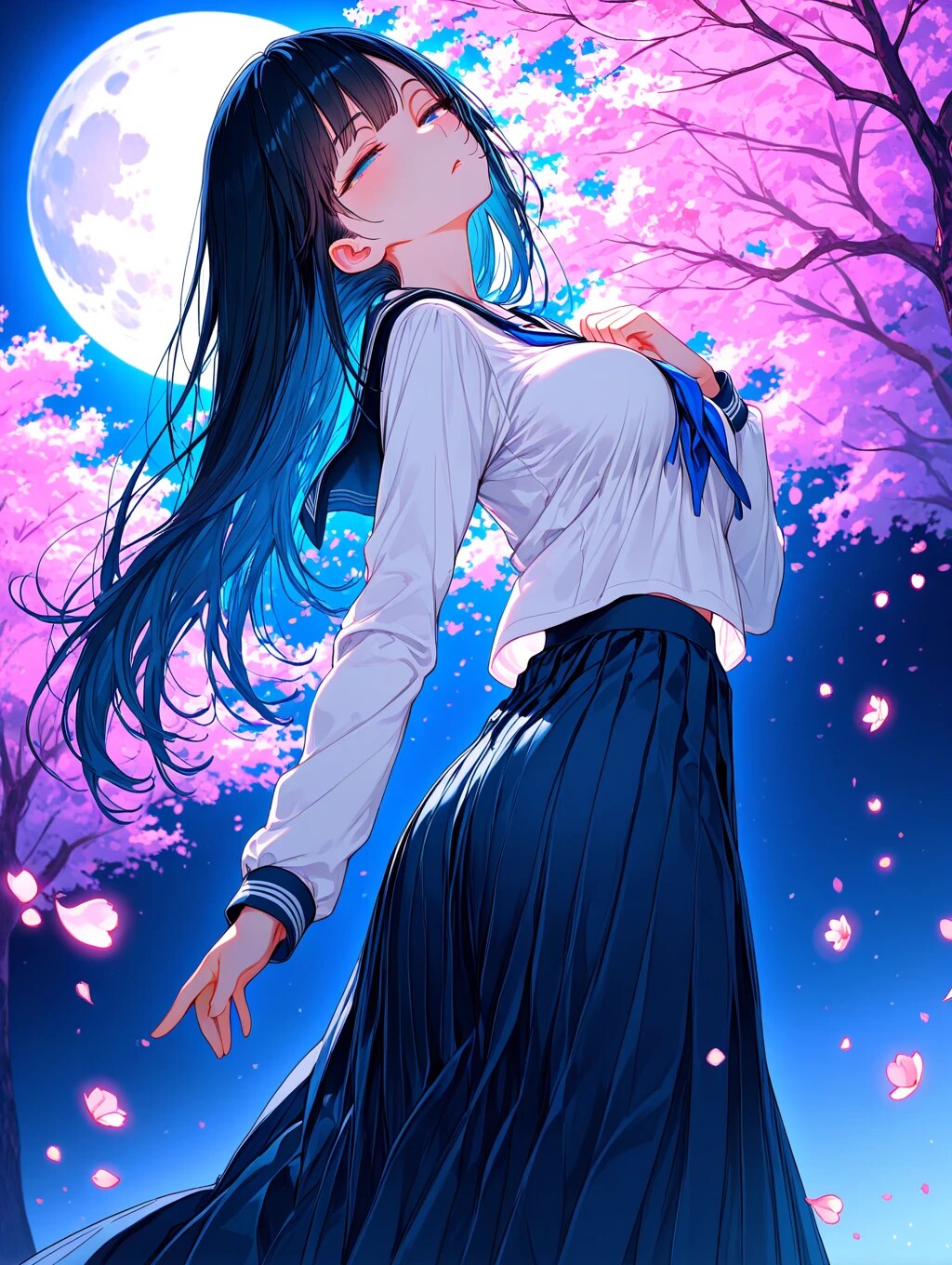 夜桜と少女