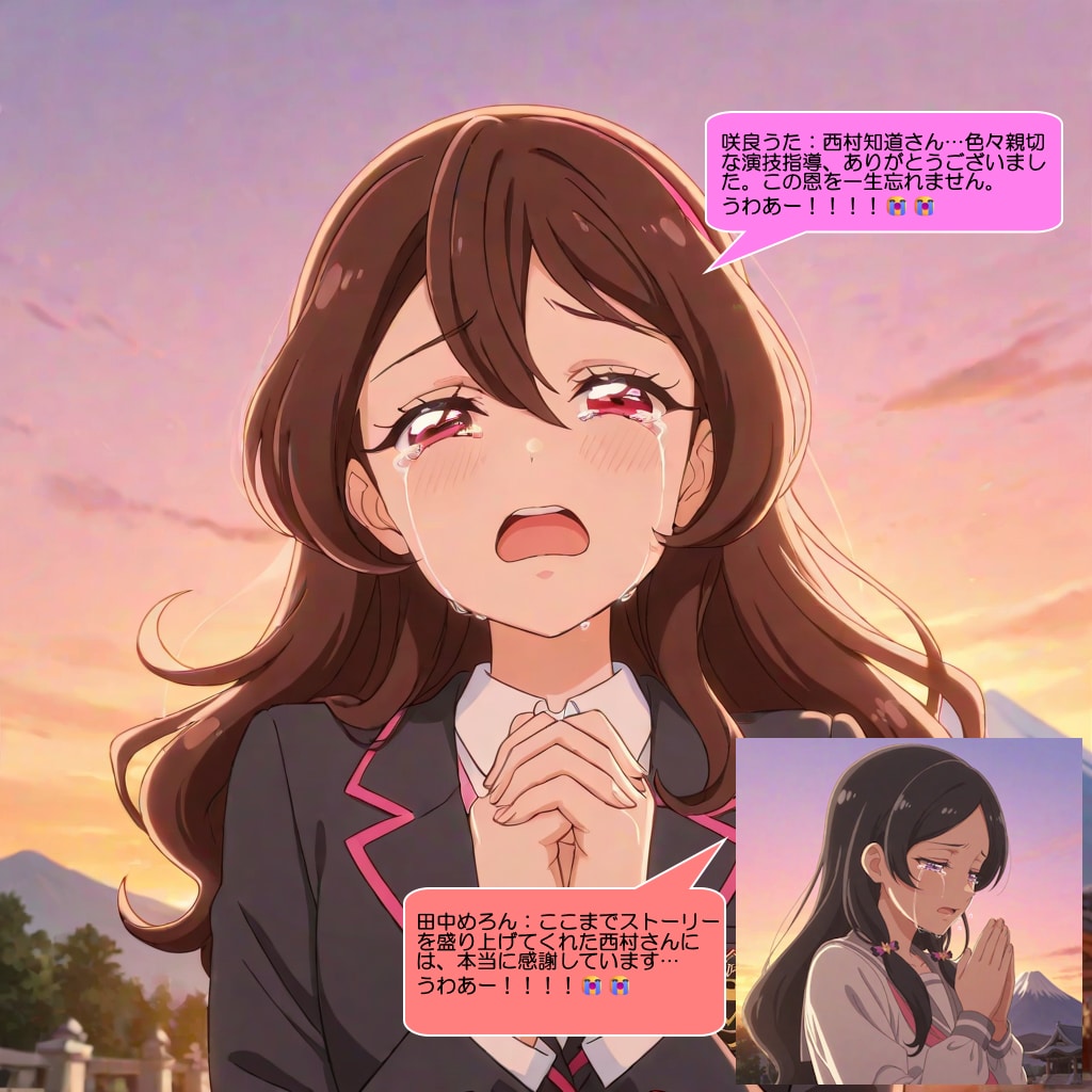 咲良うた、寺院の前で先輩の冥福を祈る