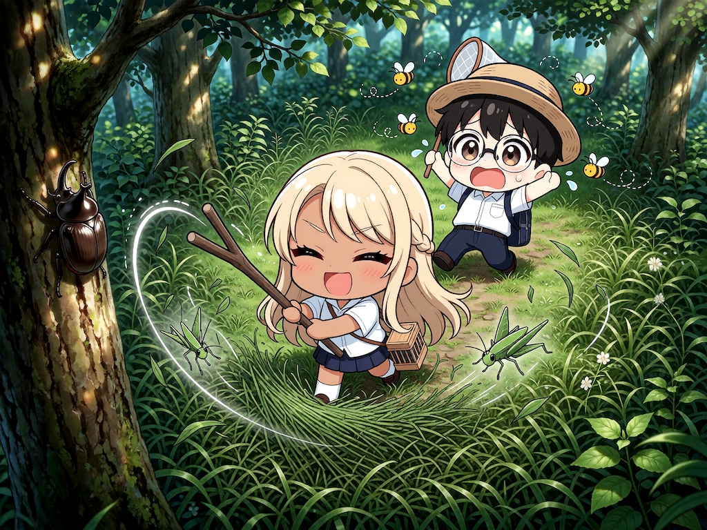 虫取りに全力の黒ギャル