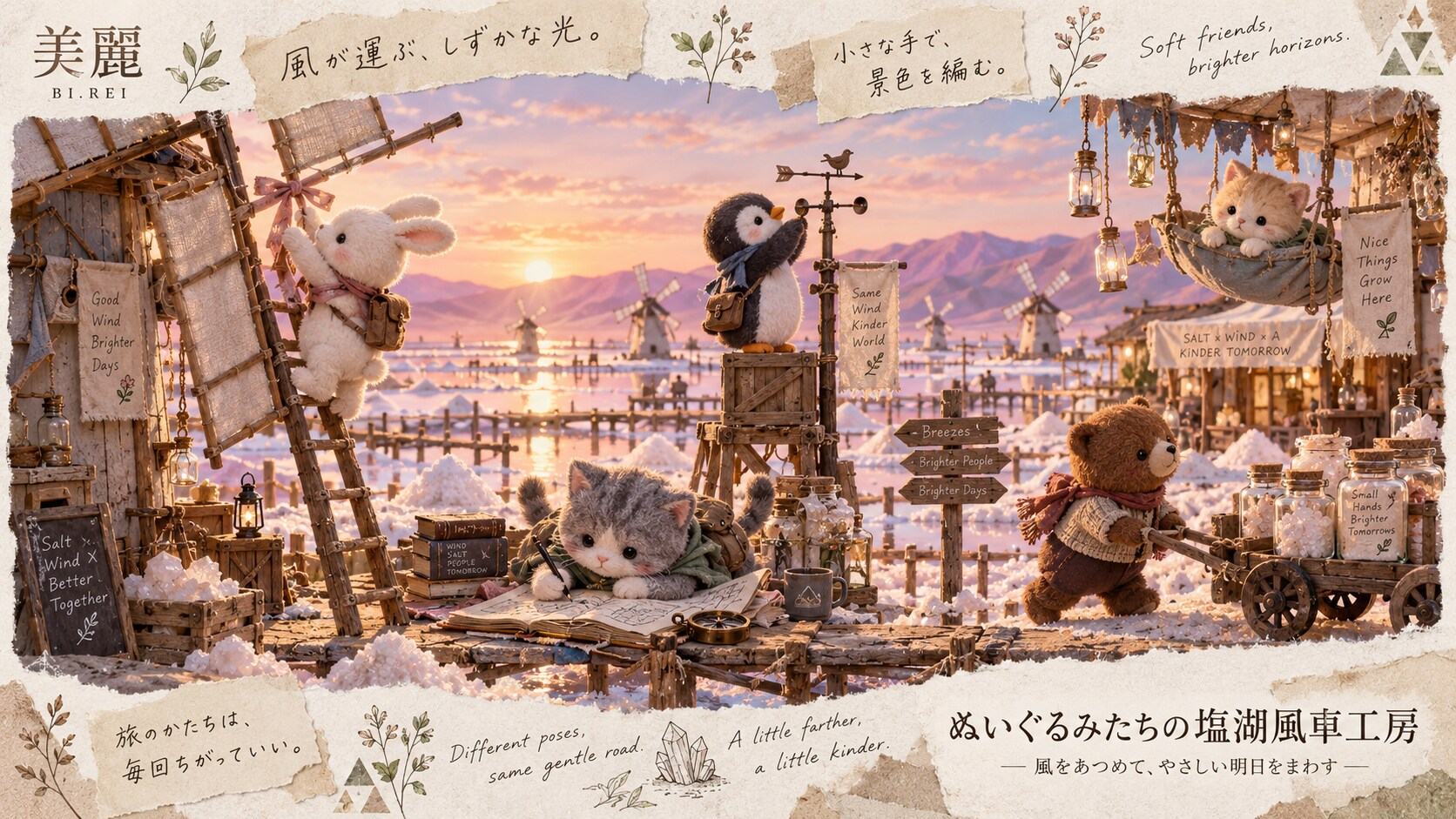 The Plushies’ Salt Lake Windmill Workshop  Soft friends, brighter horizons.  At sunrise beside the s | の人気AIイラスト・グラビア