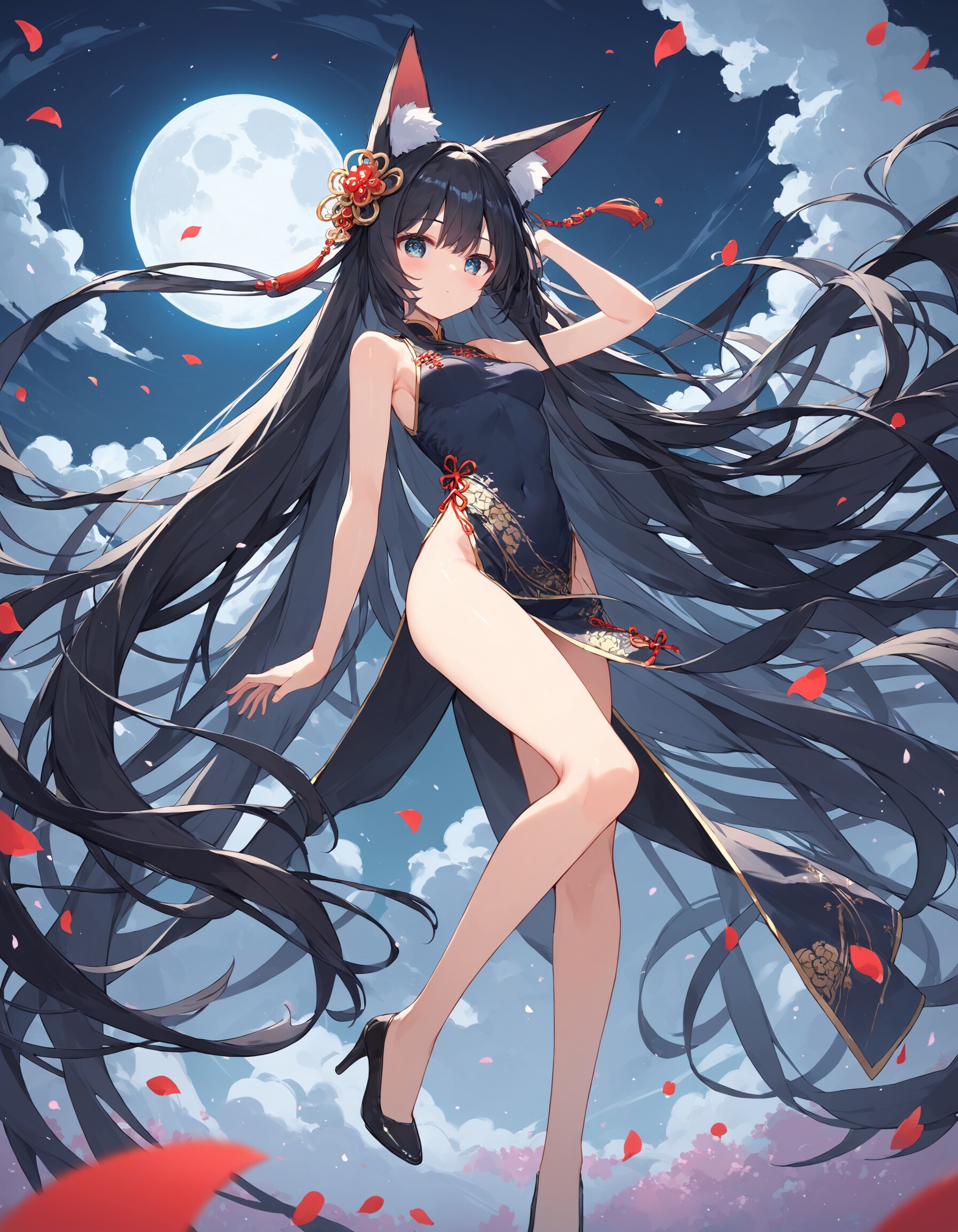 黒髪ロングチャイナドレス狐