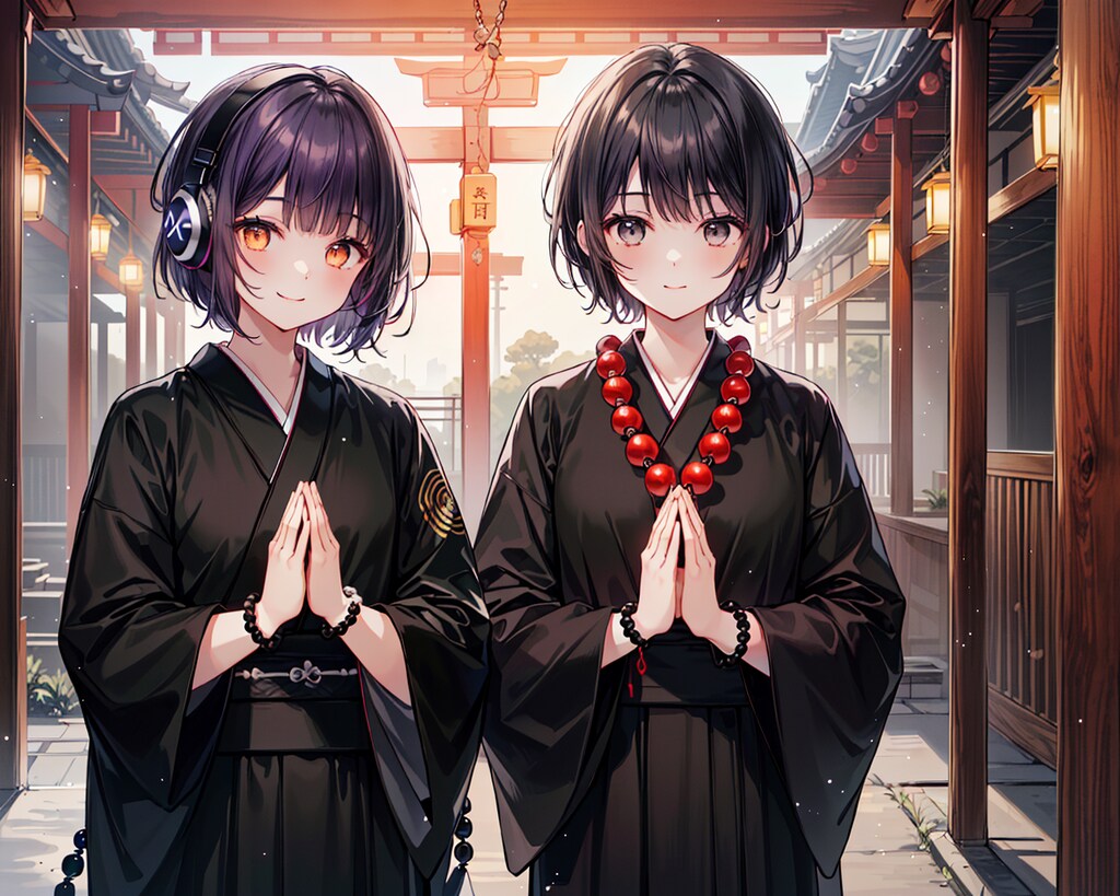 ヘッドフォン華憐嬢と春彼岸の法要・供養をする僧侶