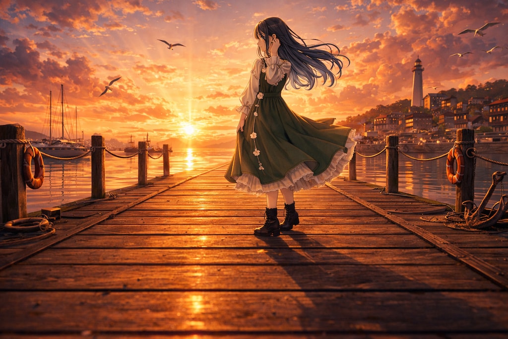 夕焼けに染まる港町を見下ろして