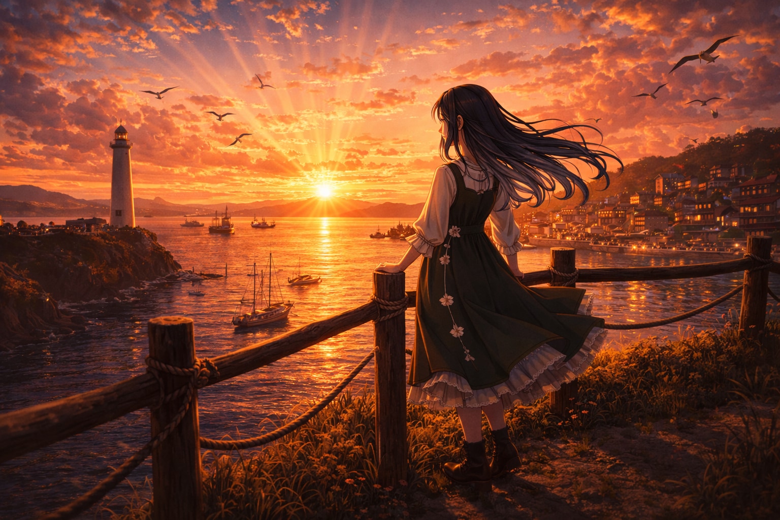 夕焼けに染まる港町を見下ろして | の人気AIイラスト・グラビア