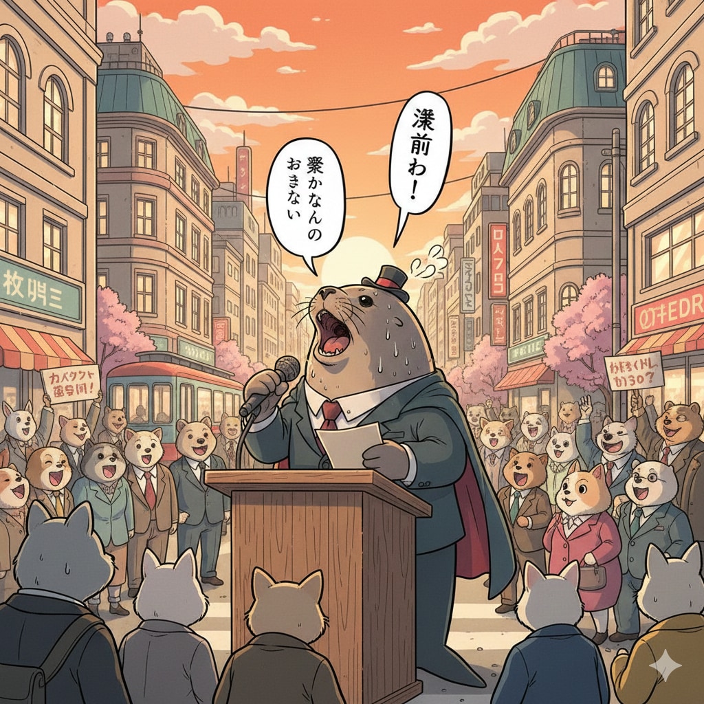 アザラシが街頭で演説 | の人気AIイラスト・グラビア