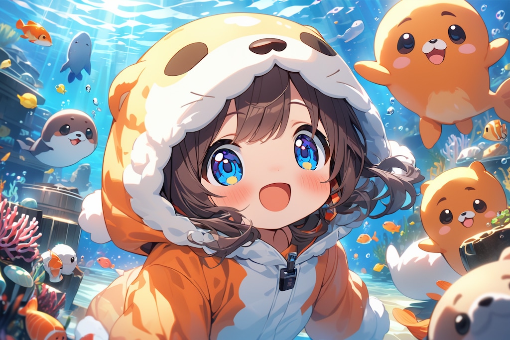 ラッコ着ぐるみで海中散歩する少女