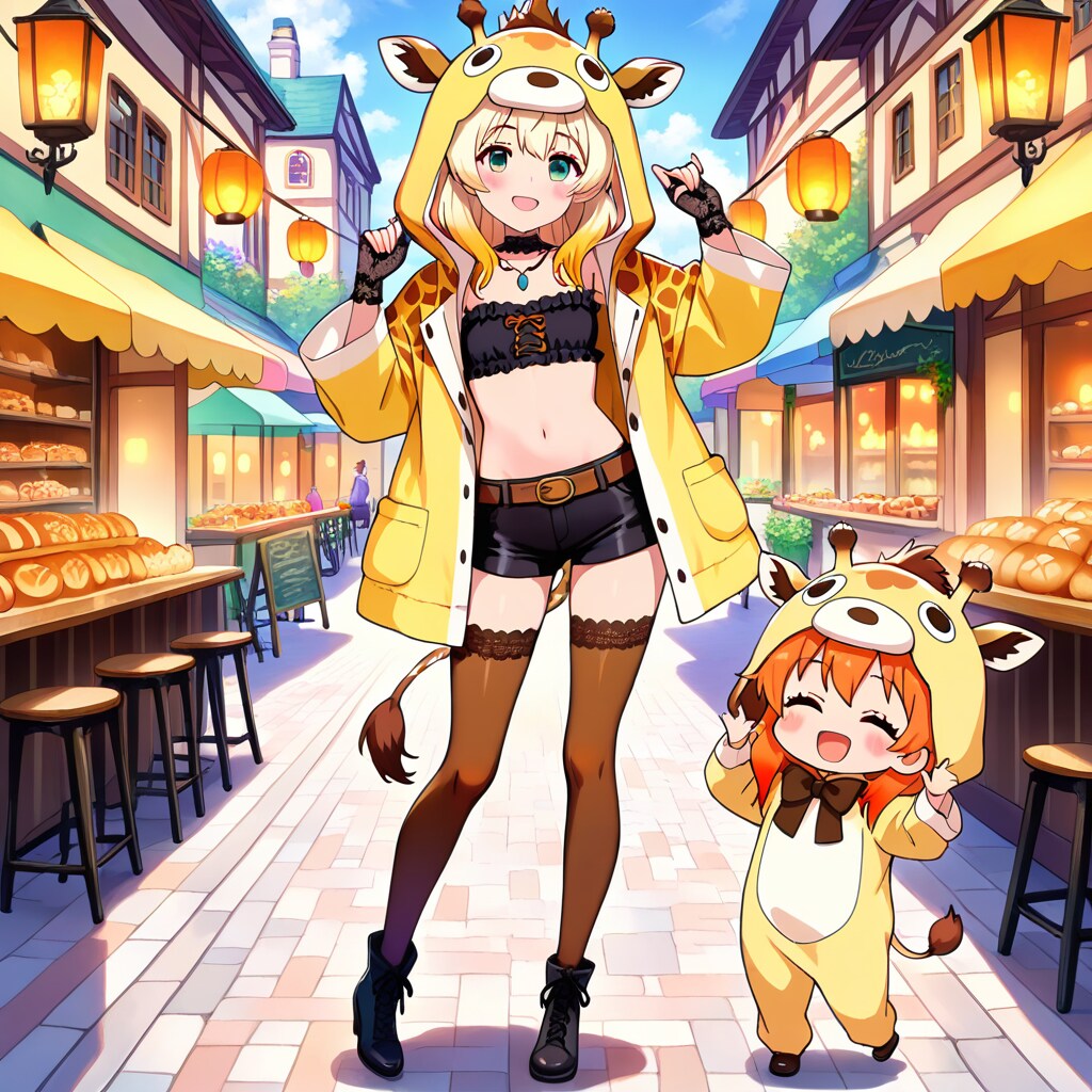 石畳の街の中を楽しそうに散策するキリン着ぐるみちび子ちゃんと謎アニマル