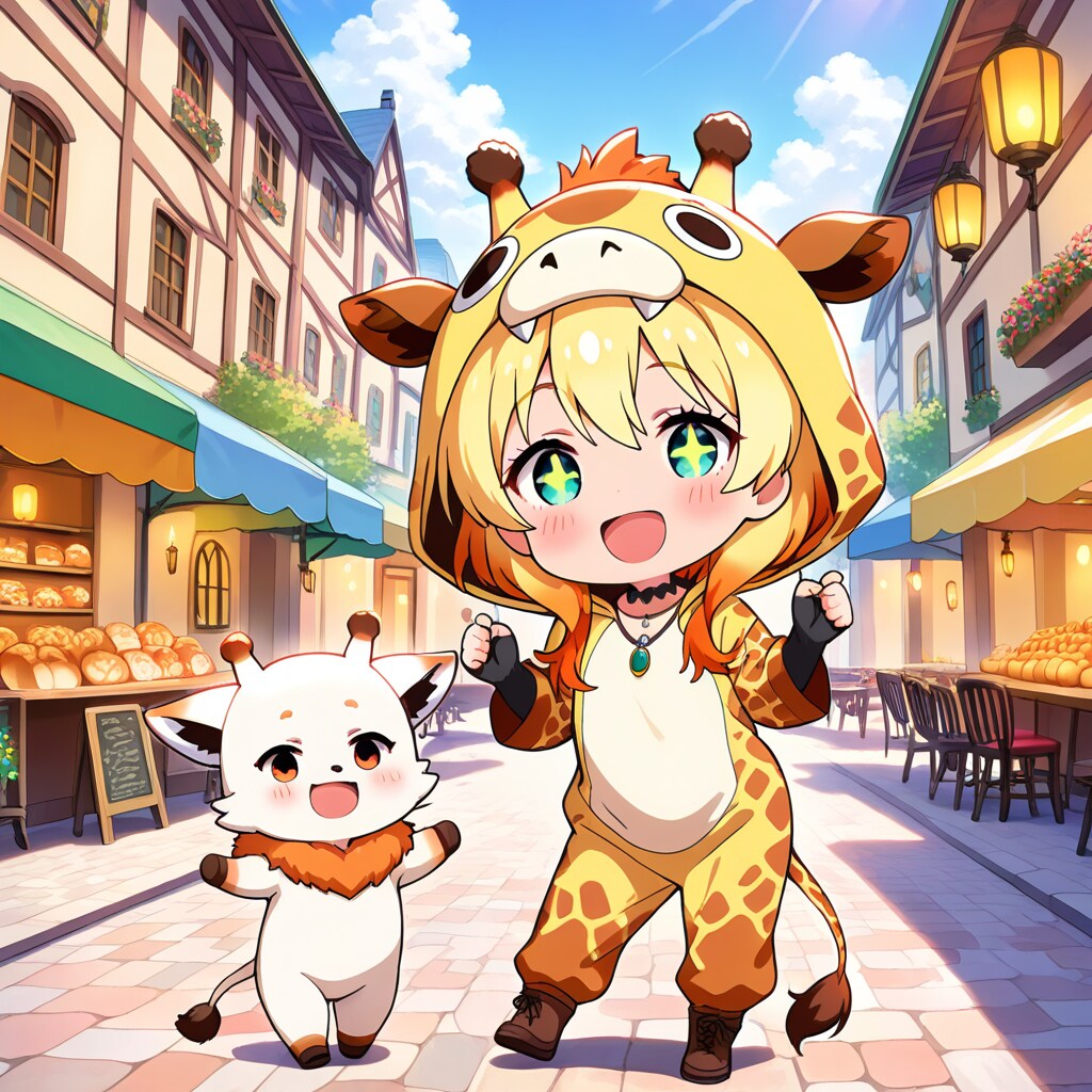 石畳の街の中を楽しそうに散策するキリン着ぐるみちび子ちゃんと謎アニマル