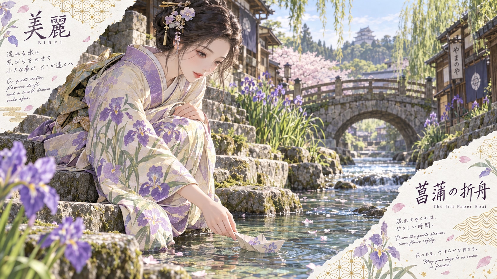 The Iris Paper Boat  On quiet water, flowers drift, and a small dream sails afar.  Beside a clear st | の人気AIイラスト・グラビア