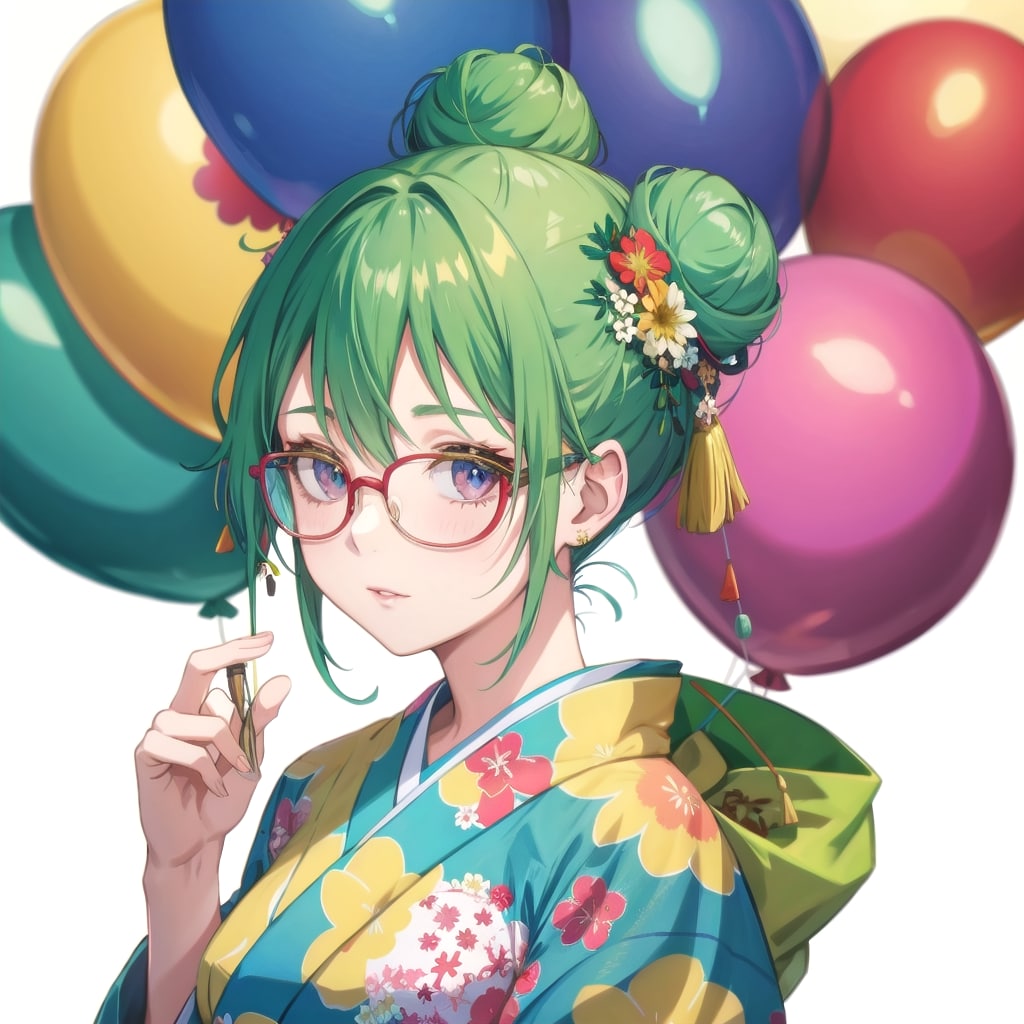 いっぱい色とりどりの風船を持つ緑髪お団子ヘアの眼鏡かけた花柄の着物着た美女 | の人気AIイラスト・グラビア