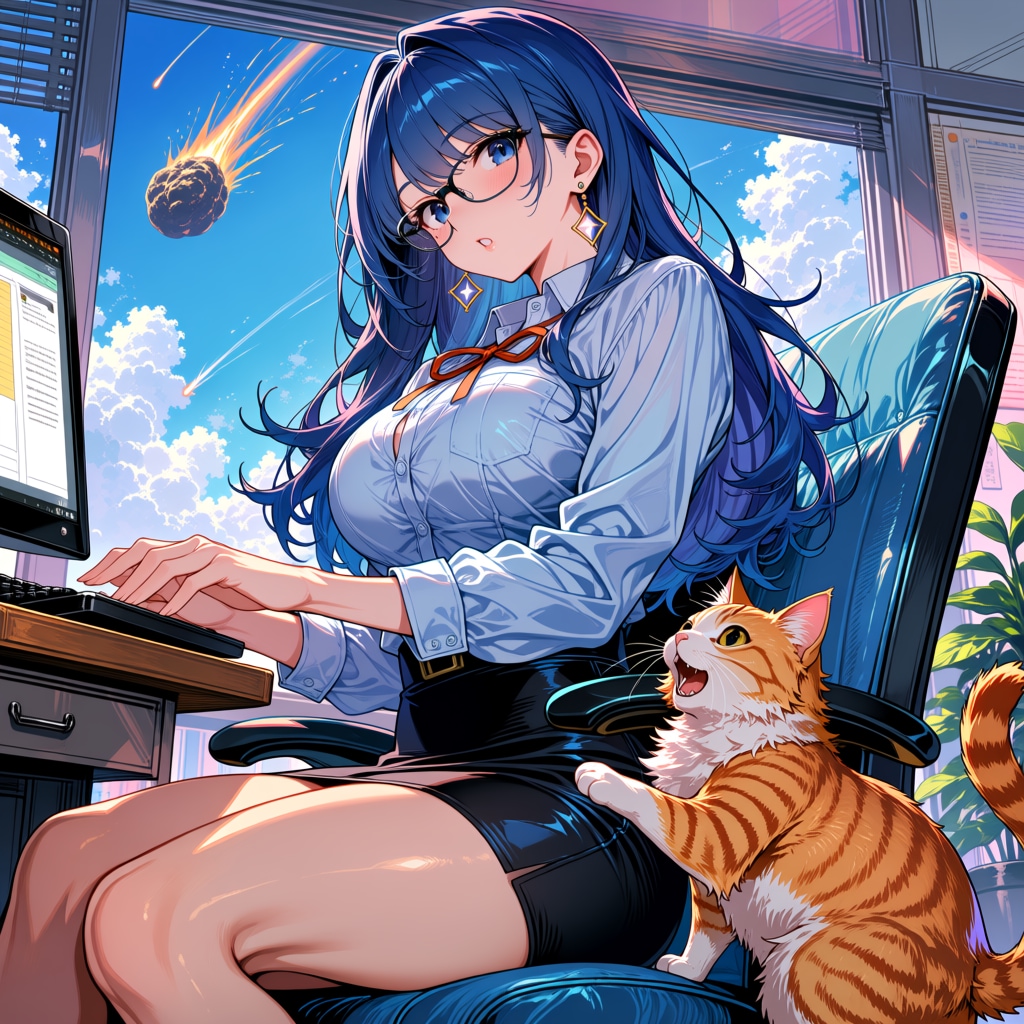 仕事中に隕石！？あい、まさかの勤務続行です！☄️💻 | の人気AIイラスト・グラビア