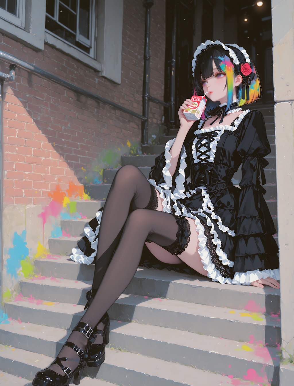 階段に座るゴスロリさん