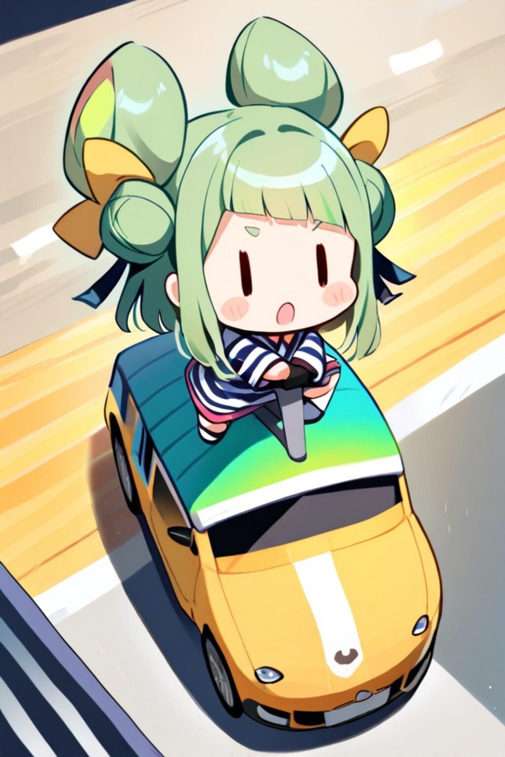車に乗る緑髪ちゃん