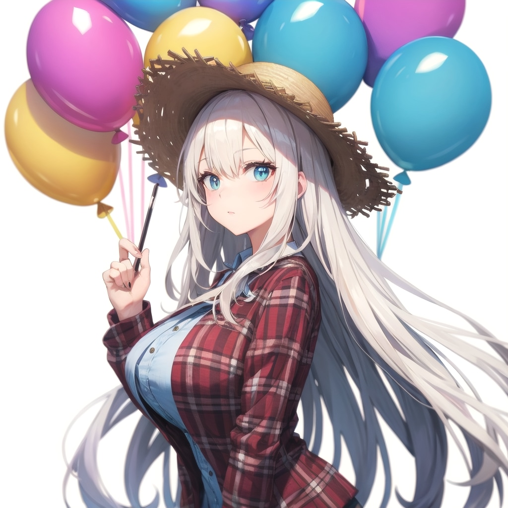 いっぱい色とりどりの風船を持つ白い髪ロングのチェック柄の服麦わら帽子着た美女