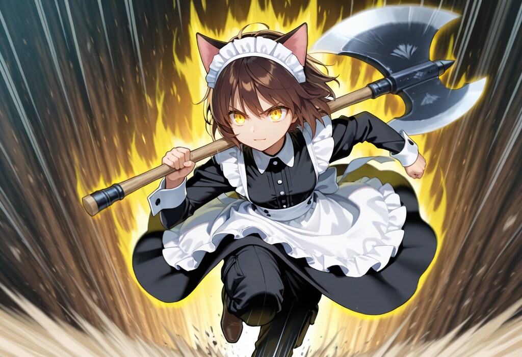 斧を持って走る猫娘さん