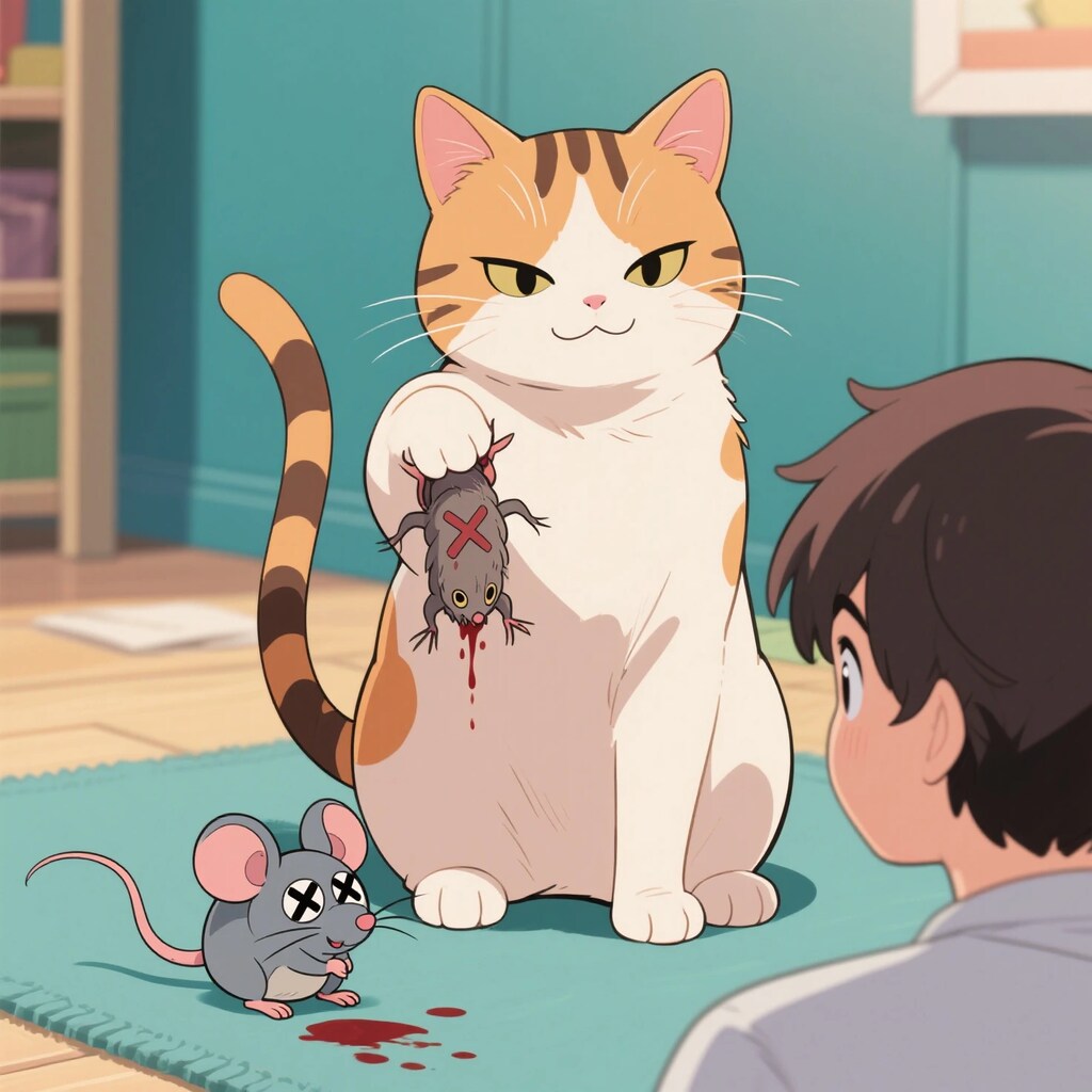 獲物を見せる猫